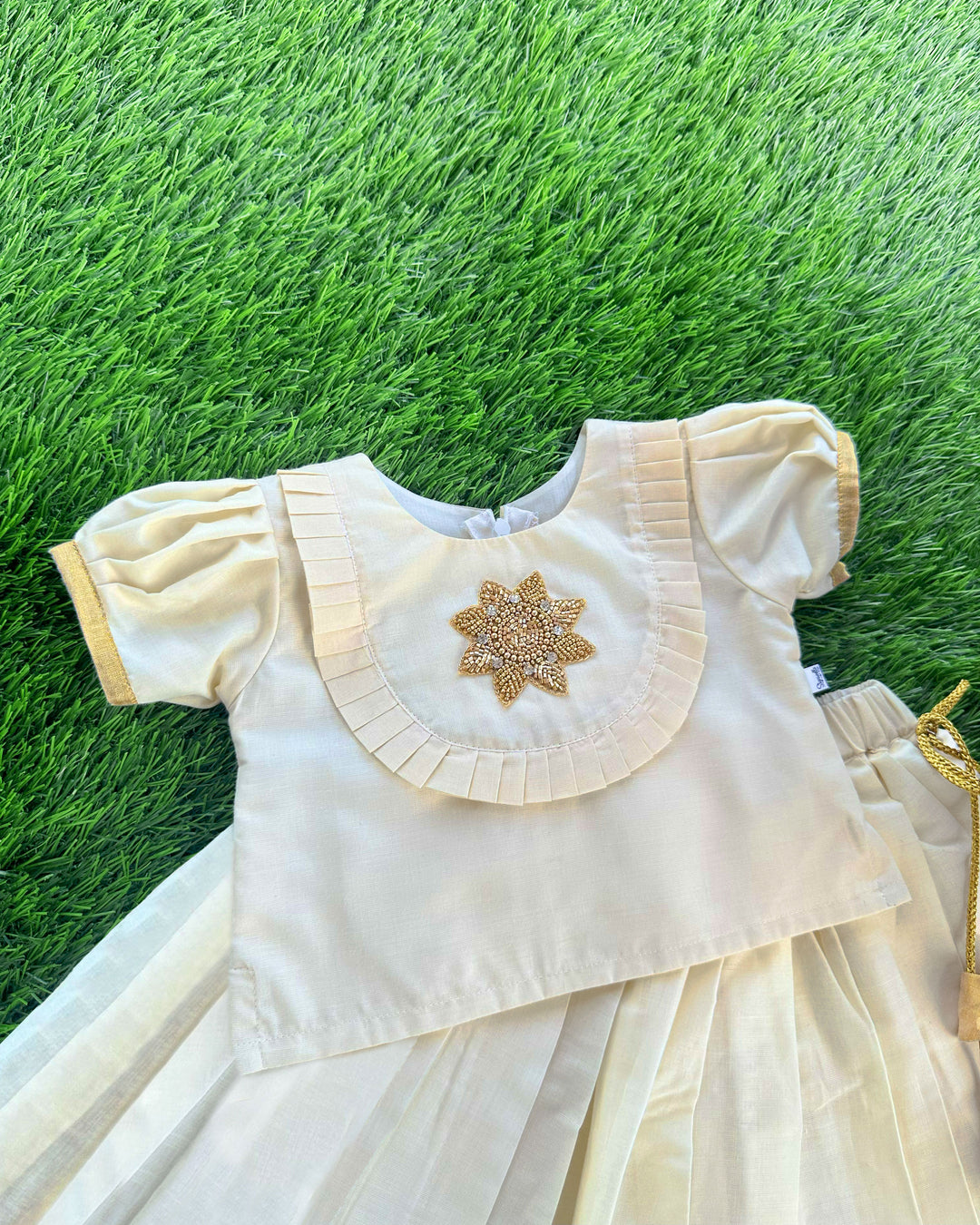 Cream & Golden Shade Onam Special Kerala Kasavu Applique Embroidery Lehenga Choli
