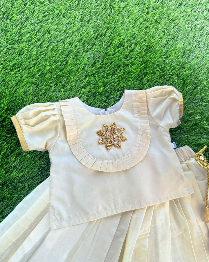 Cream & Golden Shade Onam Special Kerala Kasavu Applique Embroidery Lehenga Choli