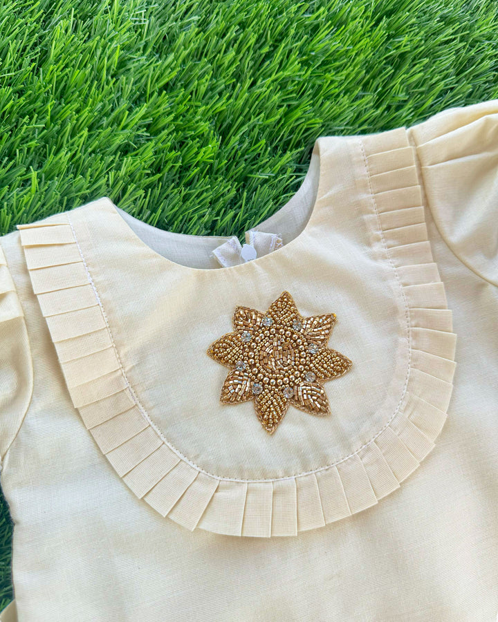 Cream & Golden Shade Onam Special Kerala Kasavu Applique Embroidery Lehenga Choli