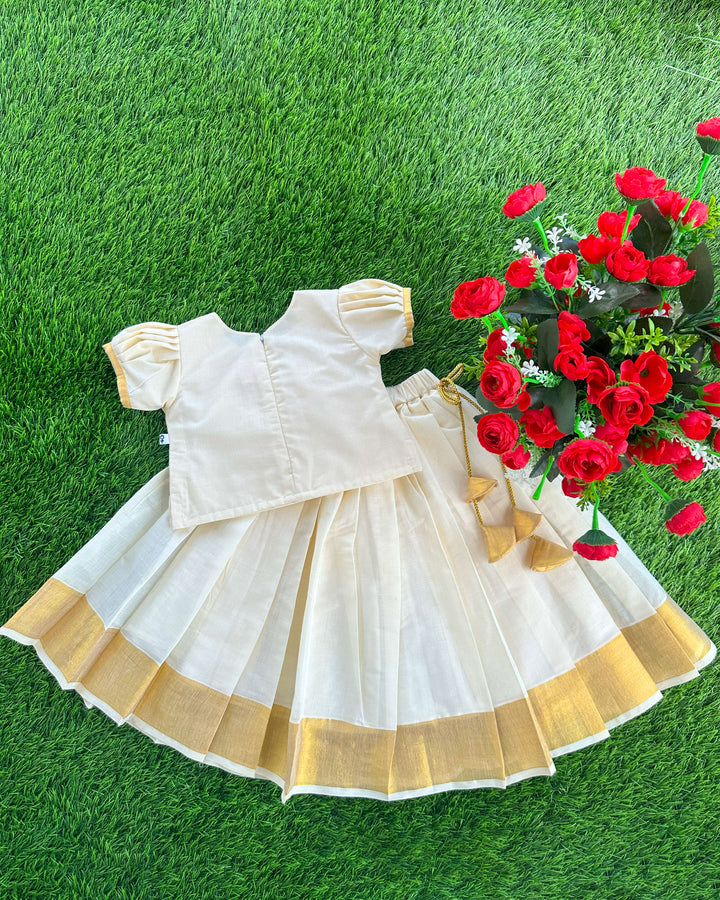Cream & Golden Shade Onam Special Kerala Kasavu Applique Embroidery Lehenga Choli