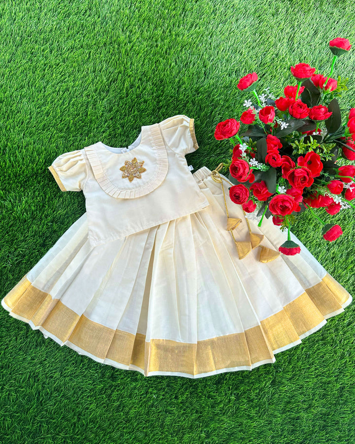 Cream & Golden Shade Onam Special Kerala Kasavu Applique Embroidery Lehenga Choli