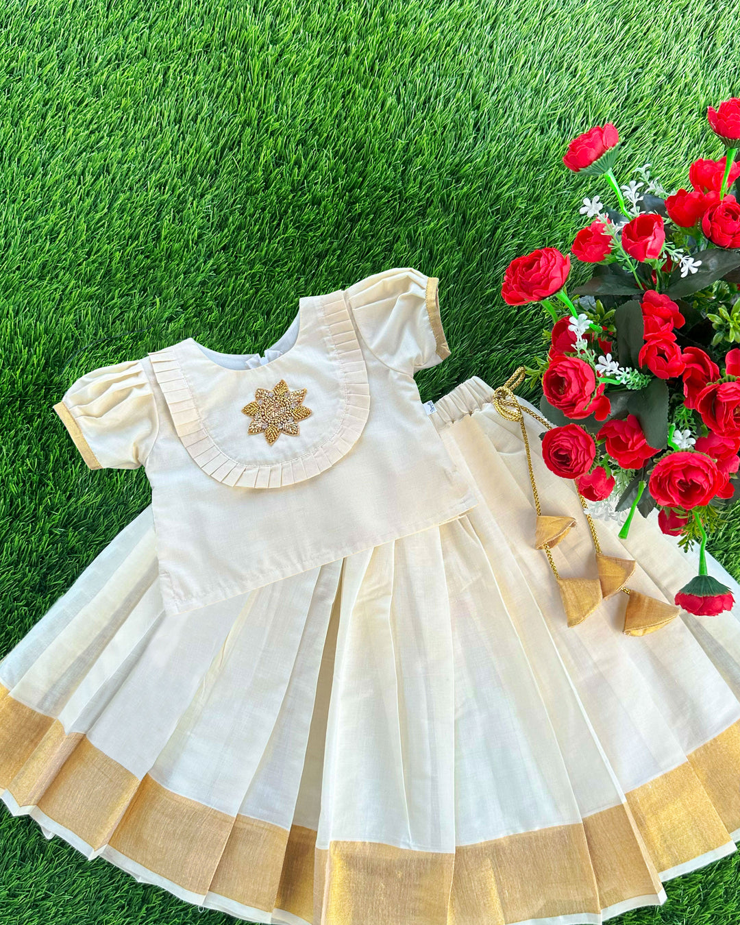 Cream & Golden Shade Onam Special Kerala Kasavu Applique Embroidery Lehenga Choli