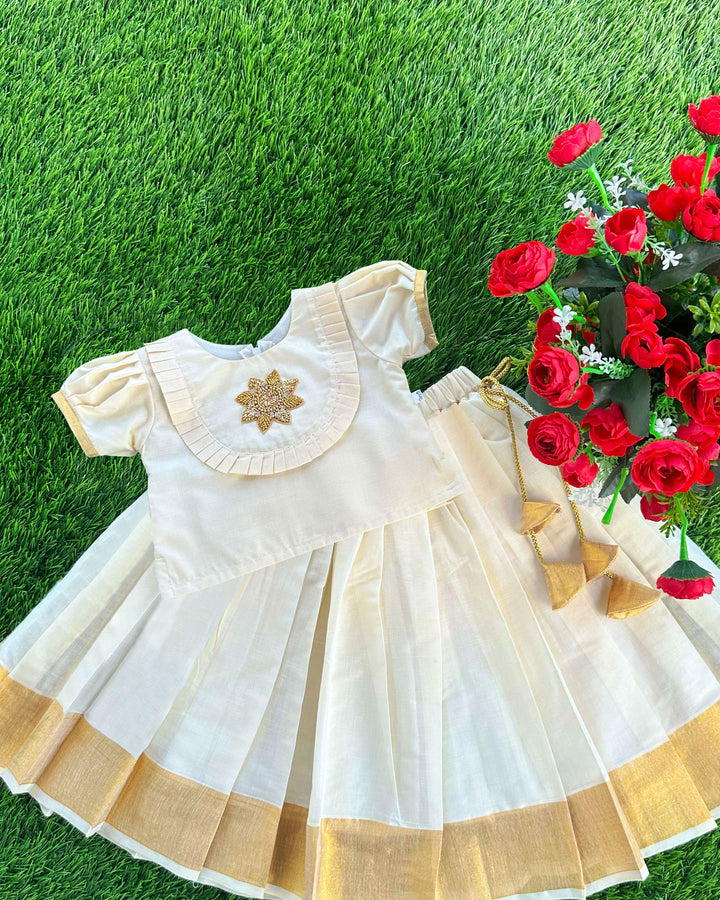 Cream & Golden Shade Onam Special Kerala Kasavu Applique Embroidery Lehenga Choli