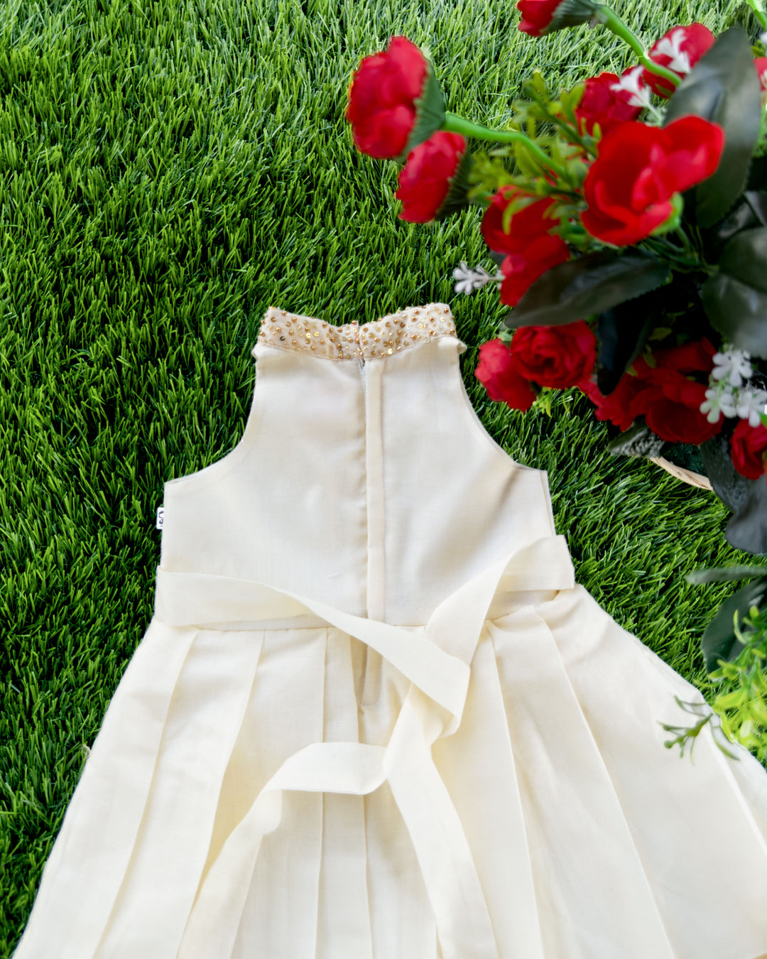 Onam Special Kerala Kasavu Cream Golden Shade Halter Neck Frock