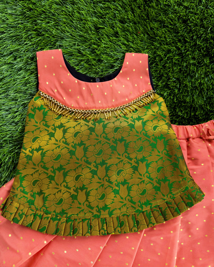 Coral Peach & Green Combo Kerala  Traditional Brocade Silk Lehenga Choli