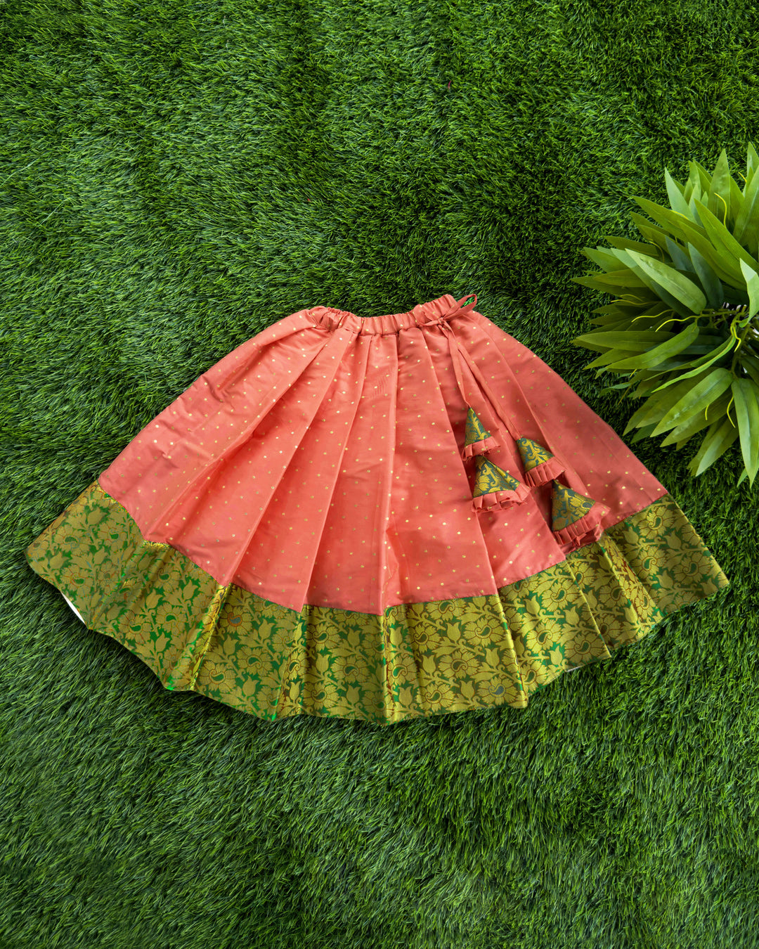 Coral Peach & Green Combo Kerala  Traditional Brocade Silk Lehenga Choli