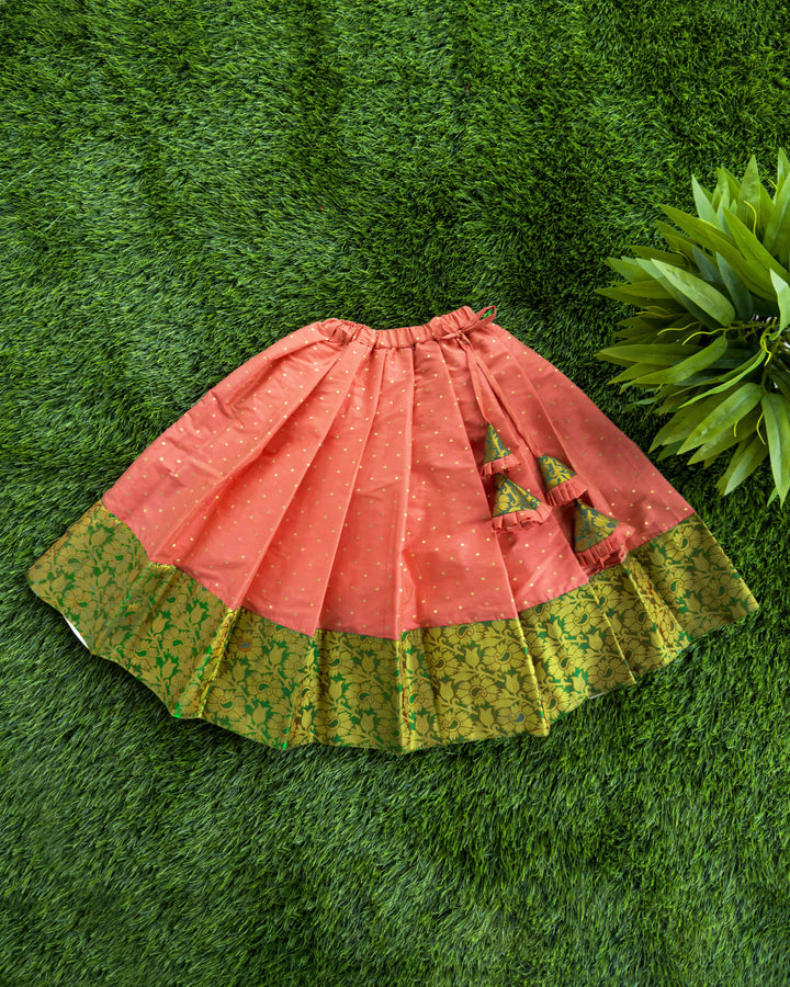 Coral Peach & Green Combo Kerala  Traditional Brocade Silk Lehenga Choli