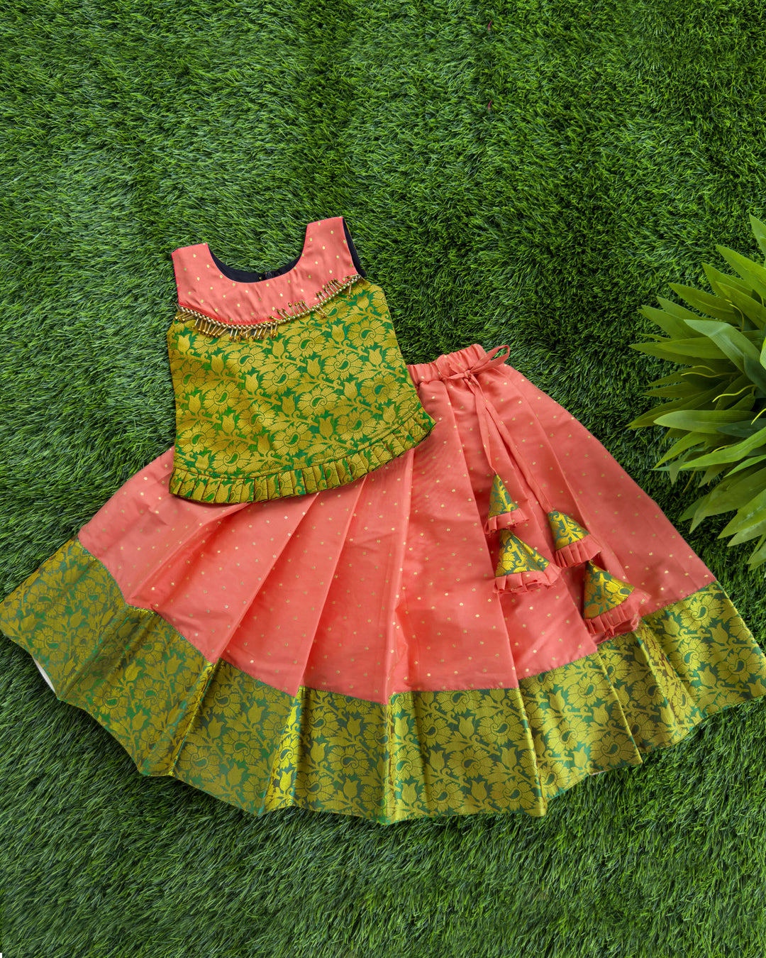 Coral Peach & Green Combo Kerala  Traditional Brocade Silk Lehenga Choli