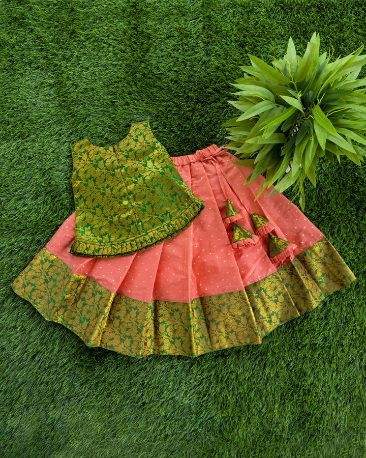 Coral Peach & Green Combo Kerala  Traditional Brocade Silk Lehenga Choli