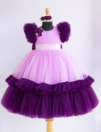 Pale Lavender & Purple Combo Handwork Pleated Ruffles Partywear Gown