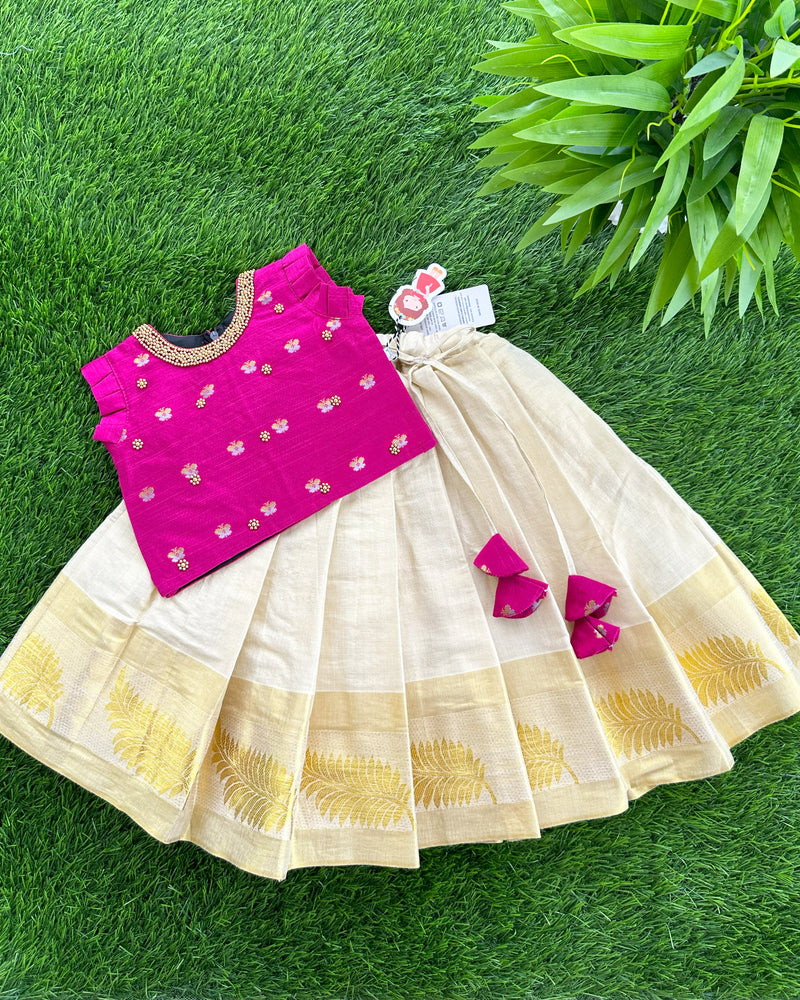 Sandal & Dark Magenta Combo Kerala Kasavu Handwork Traditional Silk Lehenga Choli Set -Sample