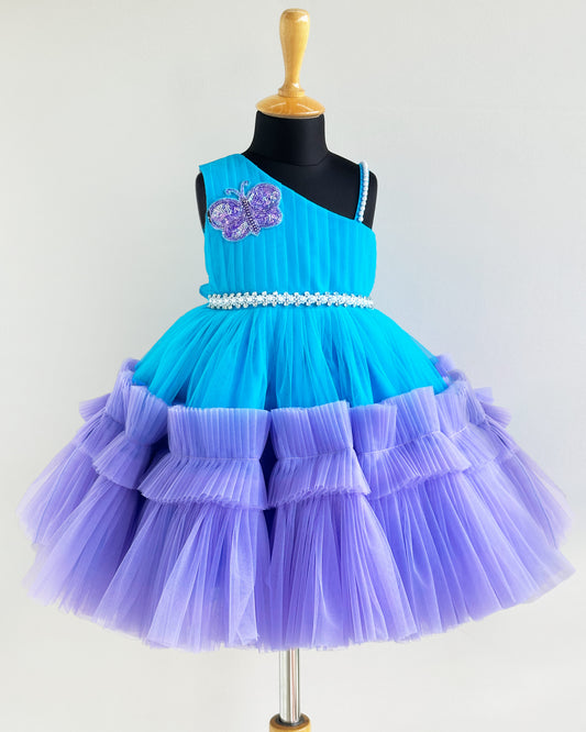 Lavender Skyblue Baby Girls Birthday Dress - Butterfly Ruffle Frock by Stanwells Kids