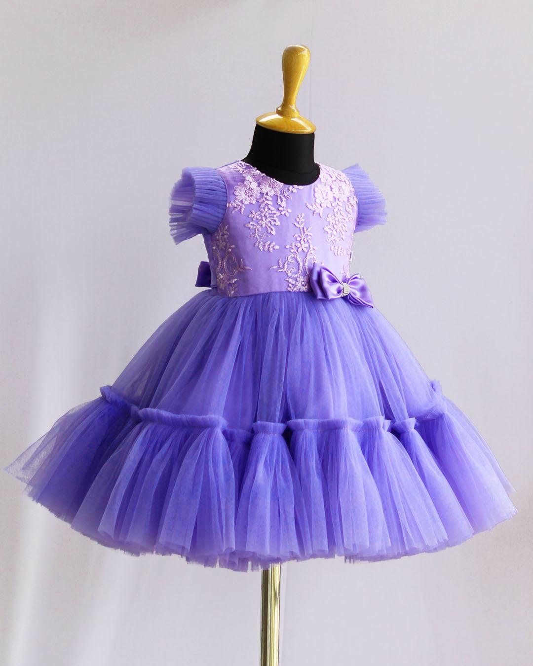 Lavender Shade Pleated Thread Embroidery Bow Frock