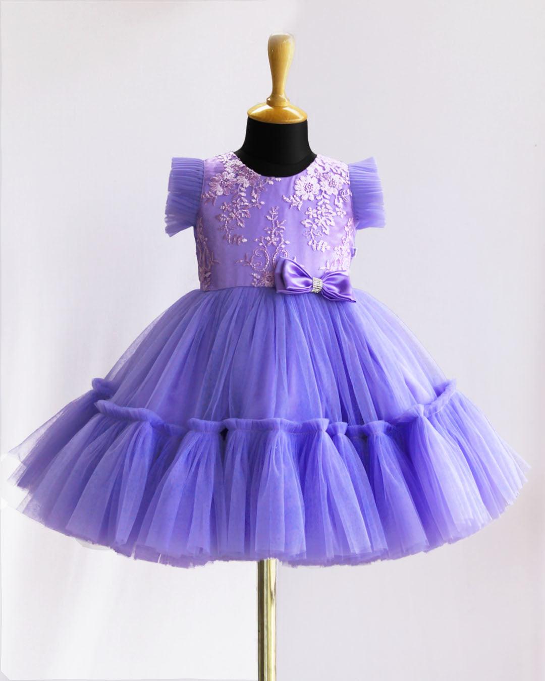 Lavender Shade Pleated Thread Embroidery Bow Frock – Stanwells Kids