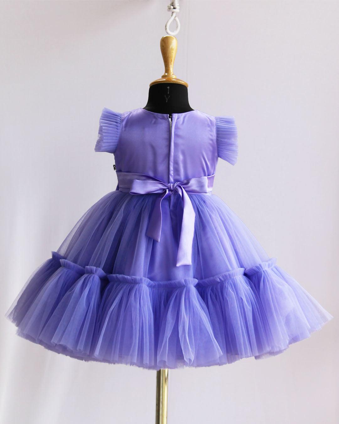 Lavender Shade Pleated Thread Embroidery Bow Frock