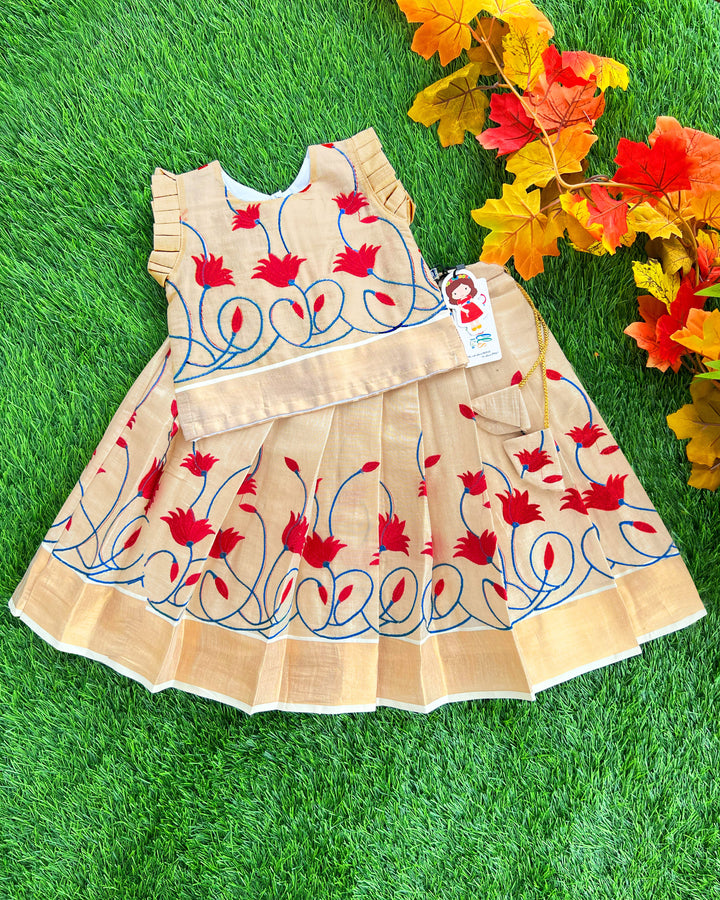 Light gold Kerala traditional tissue lehenga choli – baby girls birthday dress
