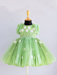 Light Pea Green Glitter Pearl Handwork Flower Frock for Baby Girl – Stanwells Kids