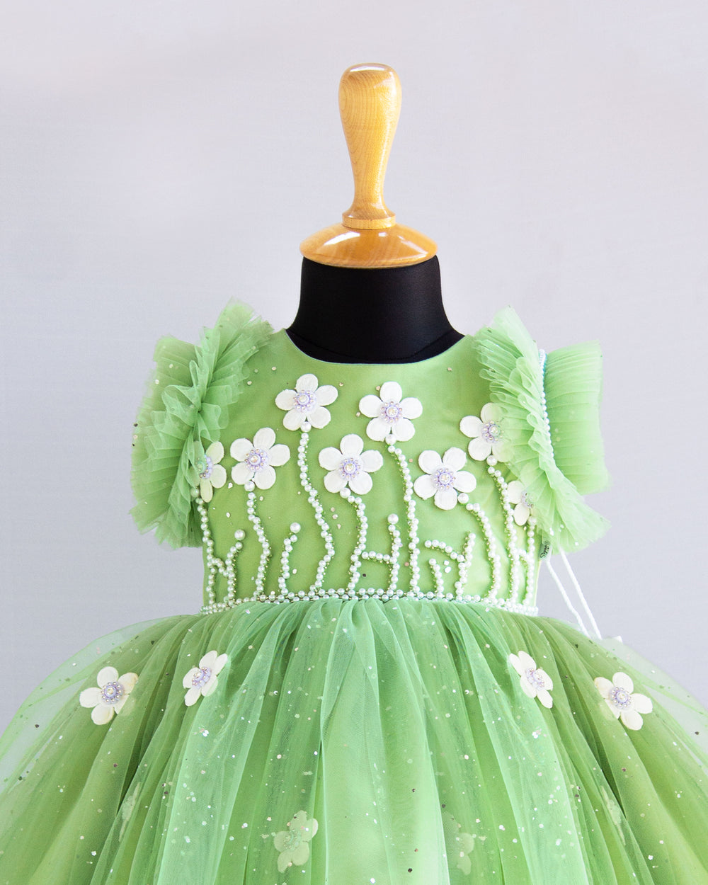 light green handwork flower frock for birthday parties partywear bride maid dresses for kids stanwells kids partywear frocks 