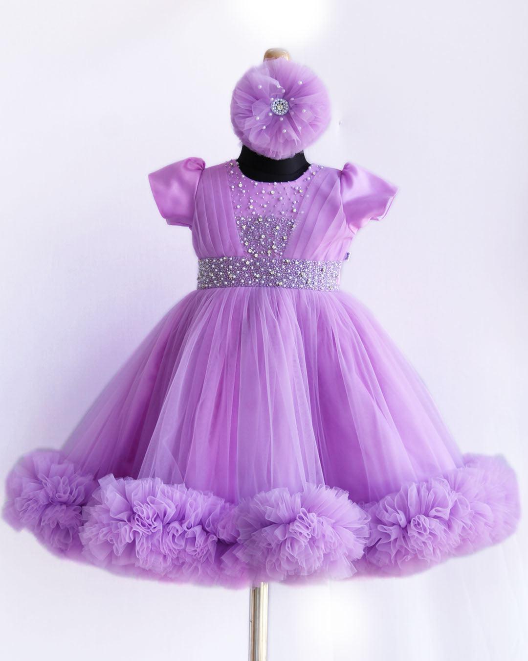 Lilac Shade Handwork Pleated Ruffles Floor Length Gown - Stanwells Kids