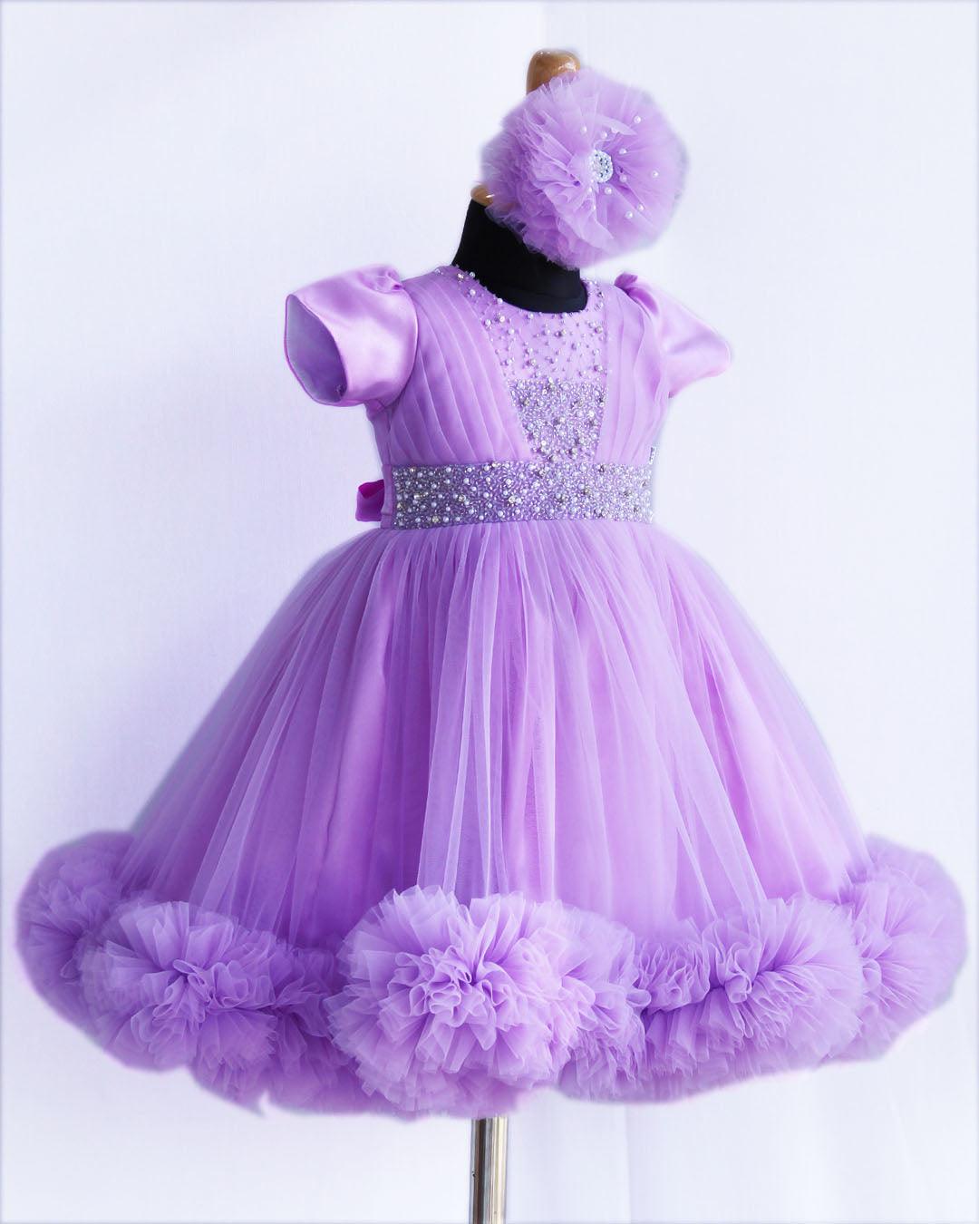 Lilac Shade Handwork Pleated Ruffles Floor Length Gown - Stanwells Kids