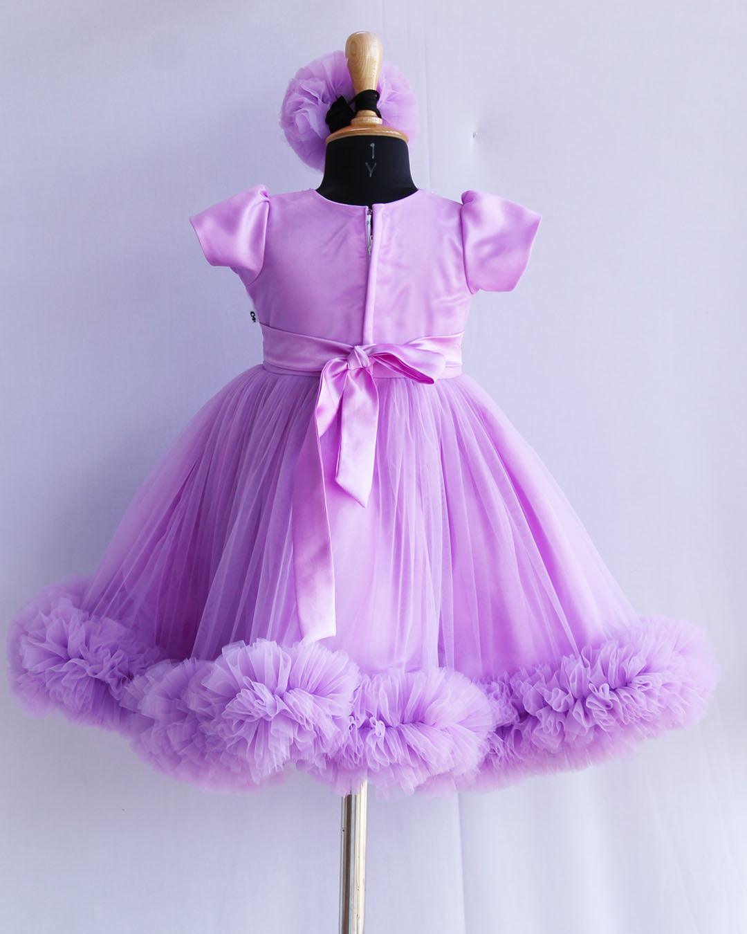 Lilac Shade Handwork Pleated Ruffles Floor Length Gown - Stanwells Kids