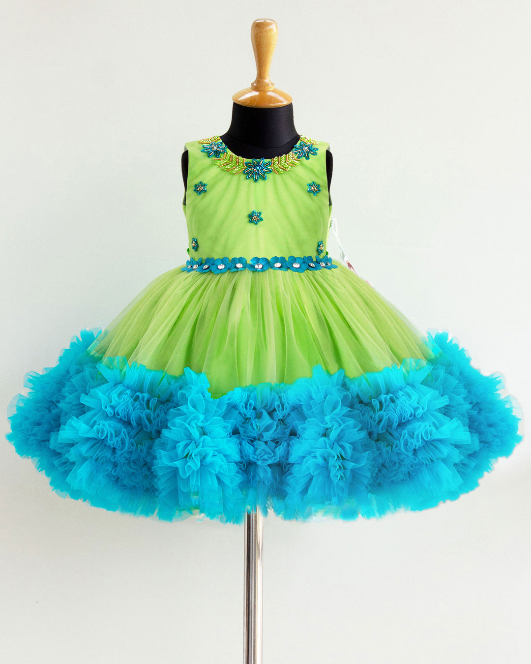 girls dresses | stanwells kids | handwork frocks | ruffles  pattern | lime green | skyblue | pista green dresses | birthday dresses for infants | 1 year dresses | cute frocks | flower frocks