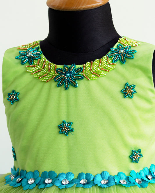 Lime green sky blue ruffles frock side view baby girl – Stanwells Kids