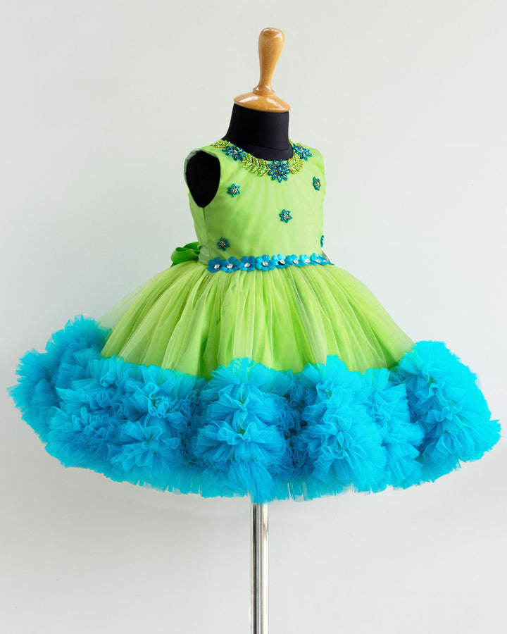 girls dresses | stanwells kids | handwork frocks | ruffles  pattern | lime green | skyblue | pista green dresses | birthday dresses for infants | 1 year dresses | cute frocks | flower frocks