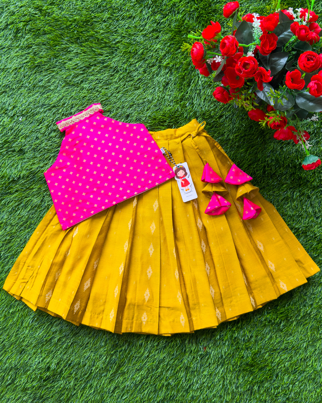 Magenta mustard yellow lehenga choli baby girls birthday dress halter neck festive outfit kids ethnic wear partywear traditional dress