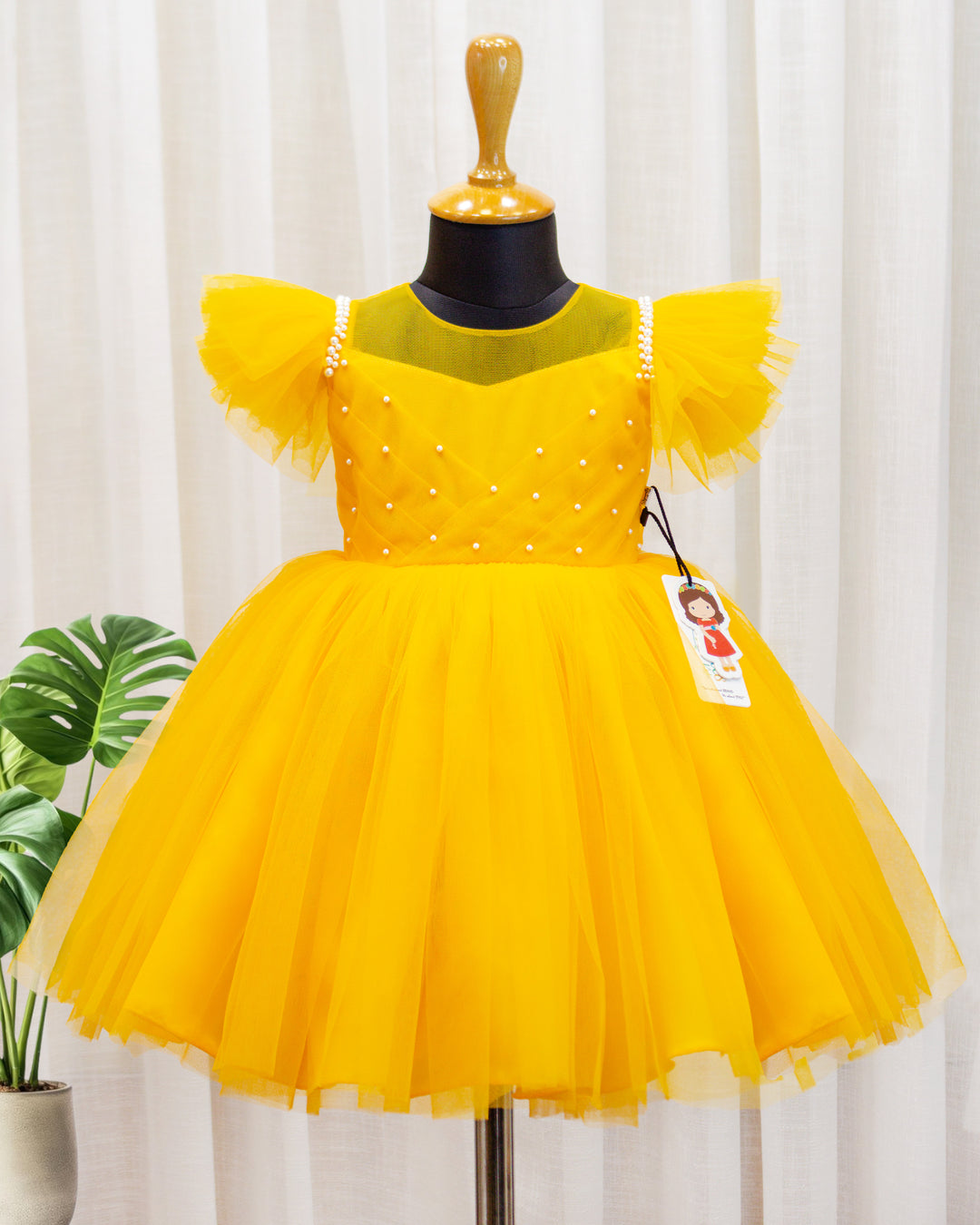 Mango Yellow Baby Girls Birthday Dress, Western Style Party Wear Frock, Elegant Pleated Kids Outfit