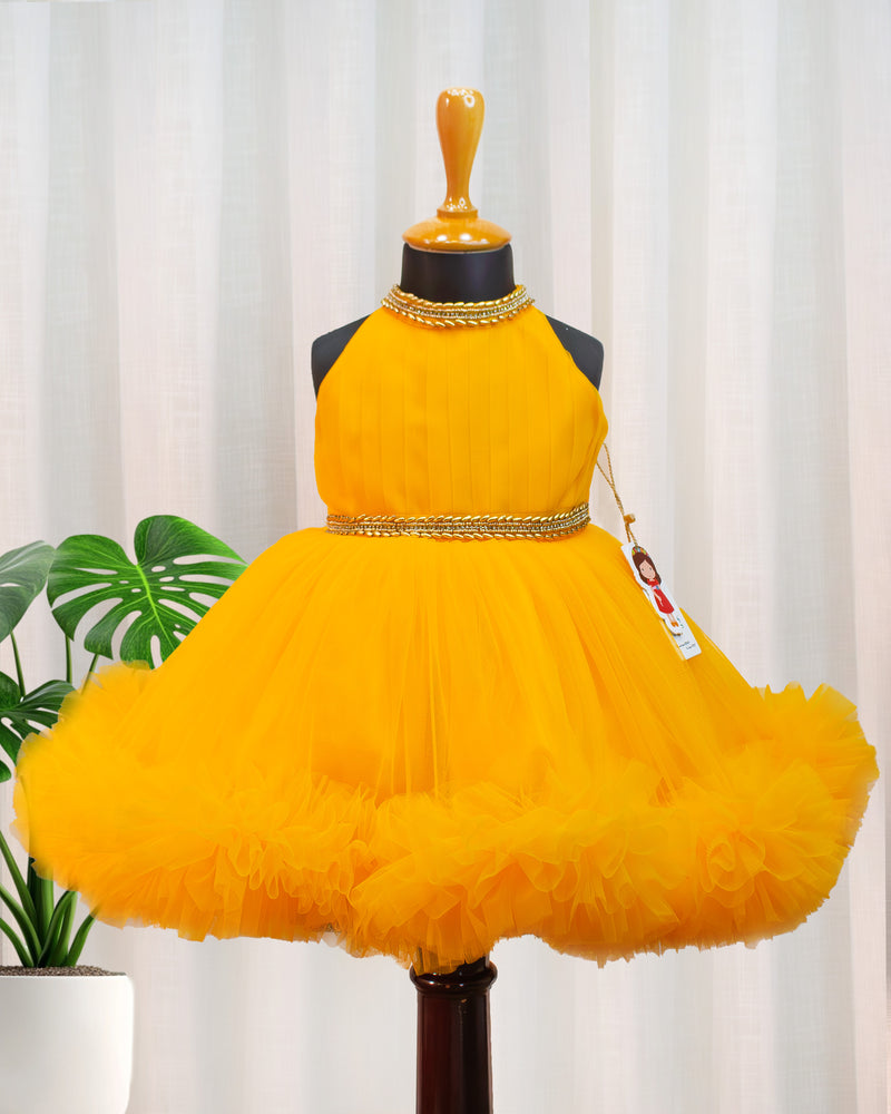 Mango Yellow Pleated Halter Neck Ruffled Frock for Baby Girl – Stanwells Kids