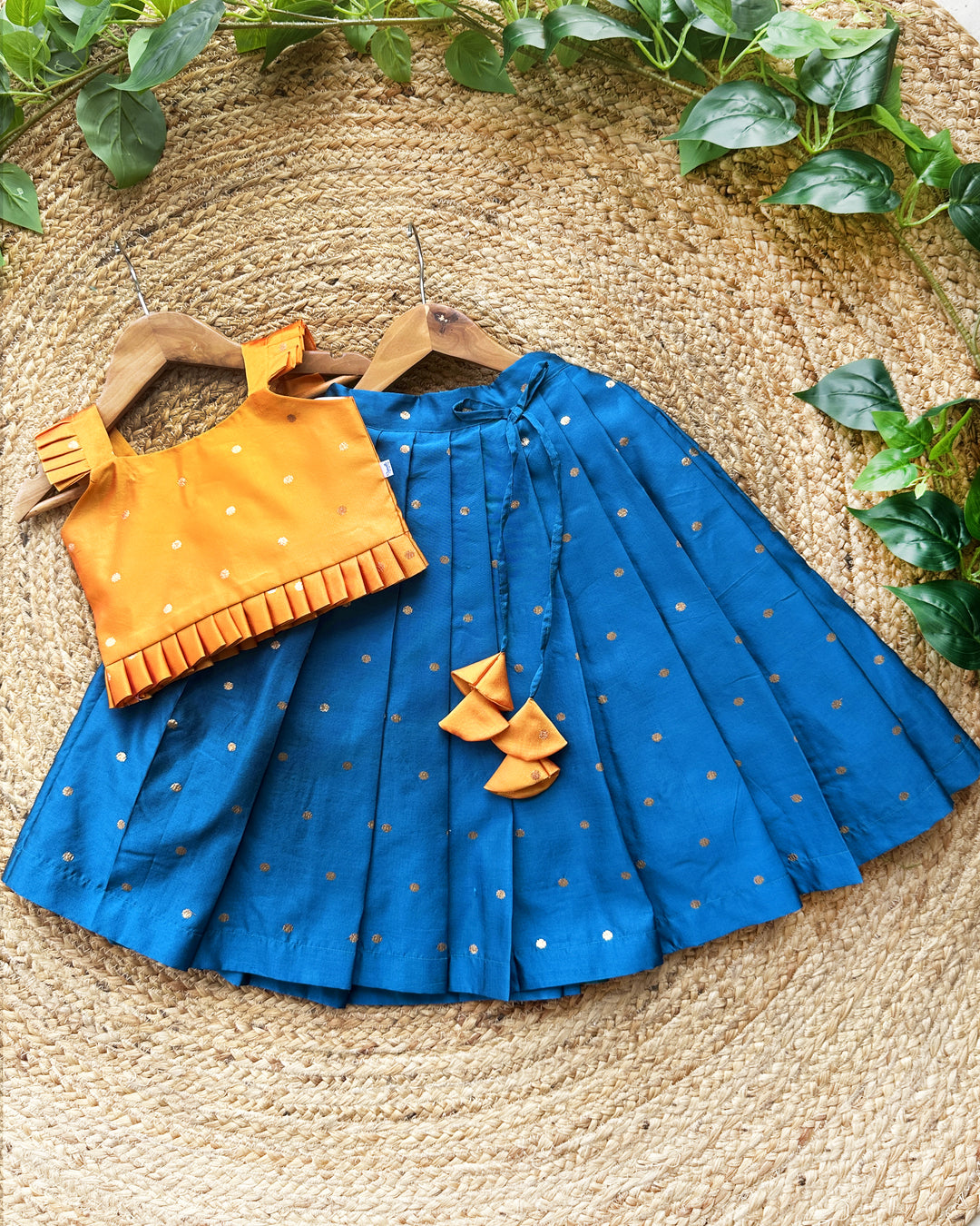 Mango yellow teal blue silk baby girls birthday dress, butti lehenga choli, traditional kids wear, festive baby girl outfit