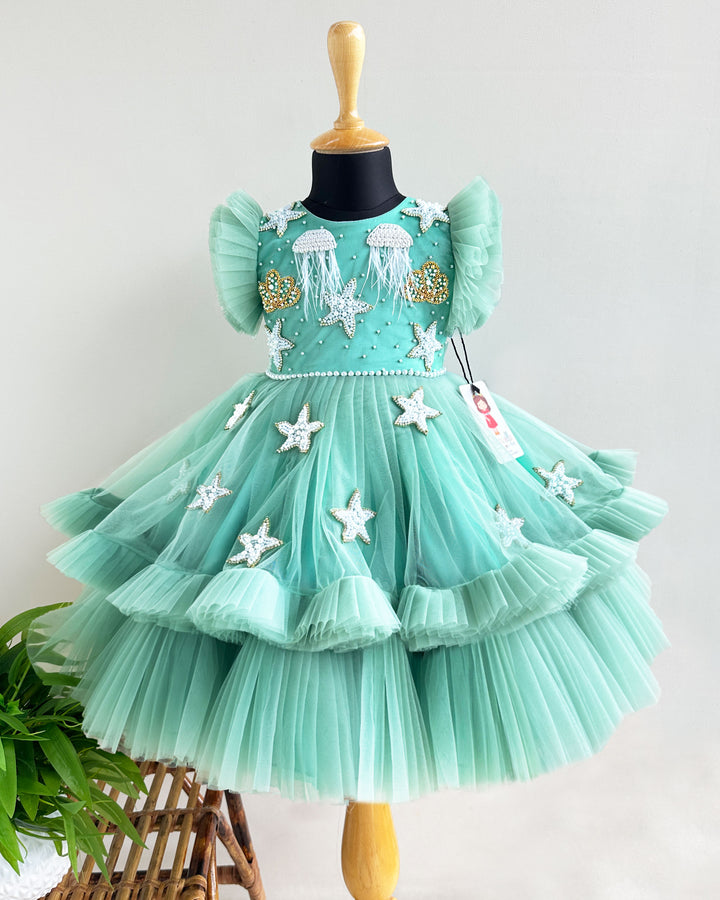Mermaid theme baby girls birthday dress, pastel green sea life embroidered frock, heavy partywear birthday outfit