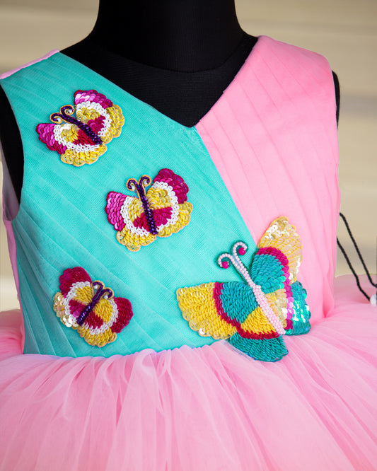 Multi colour butterfly handwork frock side view baby girl – Stanwells Kids