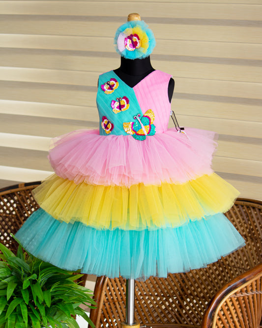 Multi colour butterfly applique frock front view baby girl – Stanwells Kids