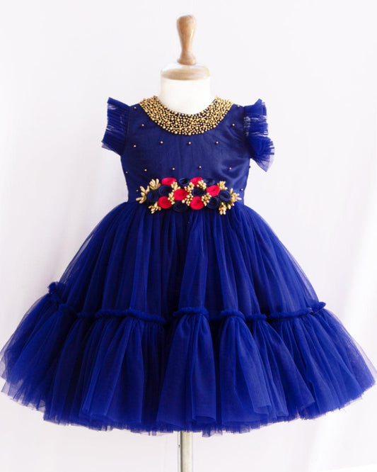 Navy blue handwork flower frock front view baby girl – Stanwells Kids