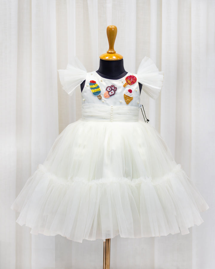 Off white candy theme frock for baby girls, premium birthday dress, partywear dress, Stanwells Kids
