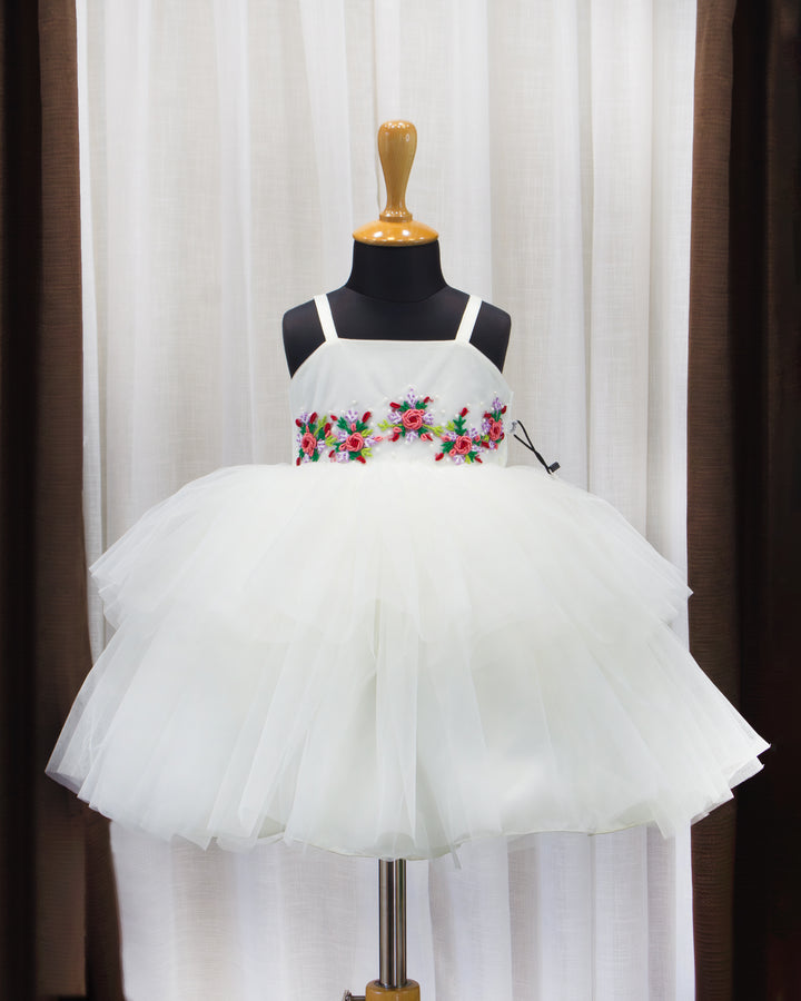 off white birthday dress for baby girls, hand embroidered frock, elegant partywear baby dress, baby girls off white frock, stanwells kids birthday collection