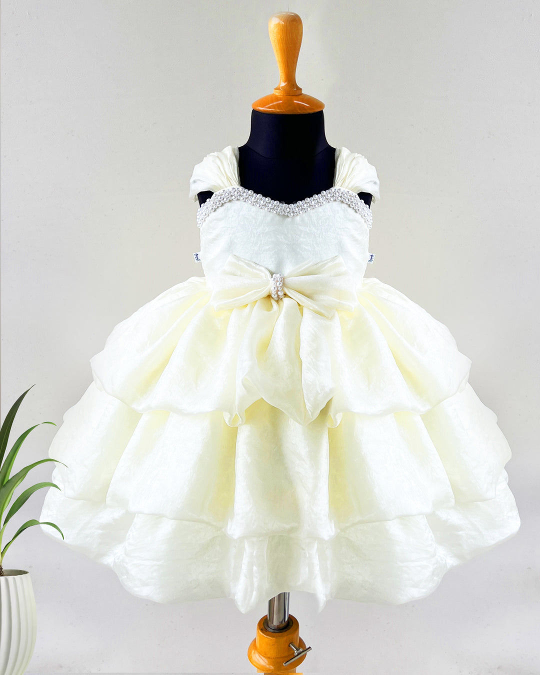Off white premium silk baby girl birthday dress, western style frock, layered partywear dress, kids birthday outfit for girls