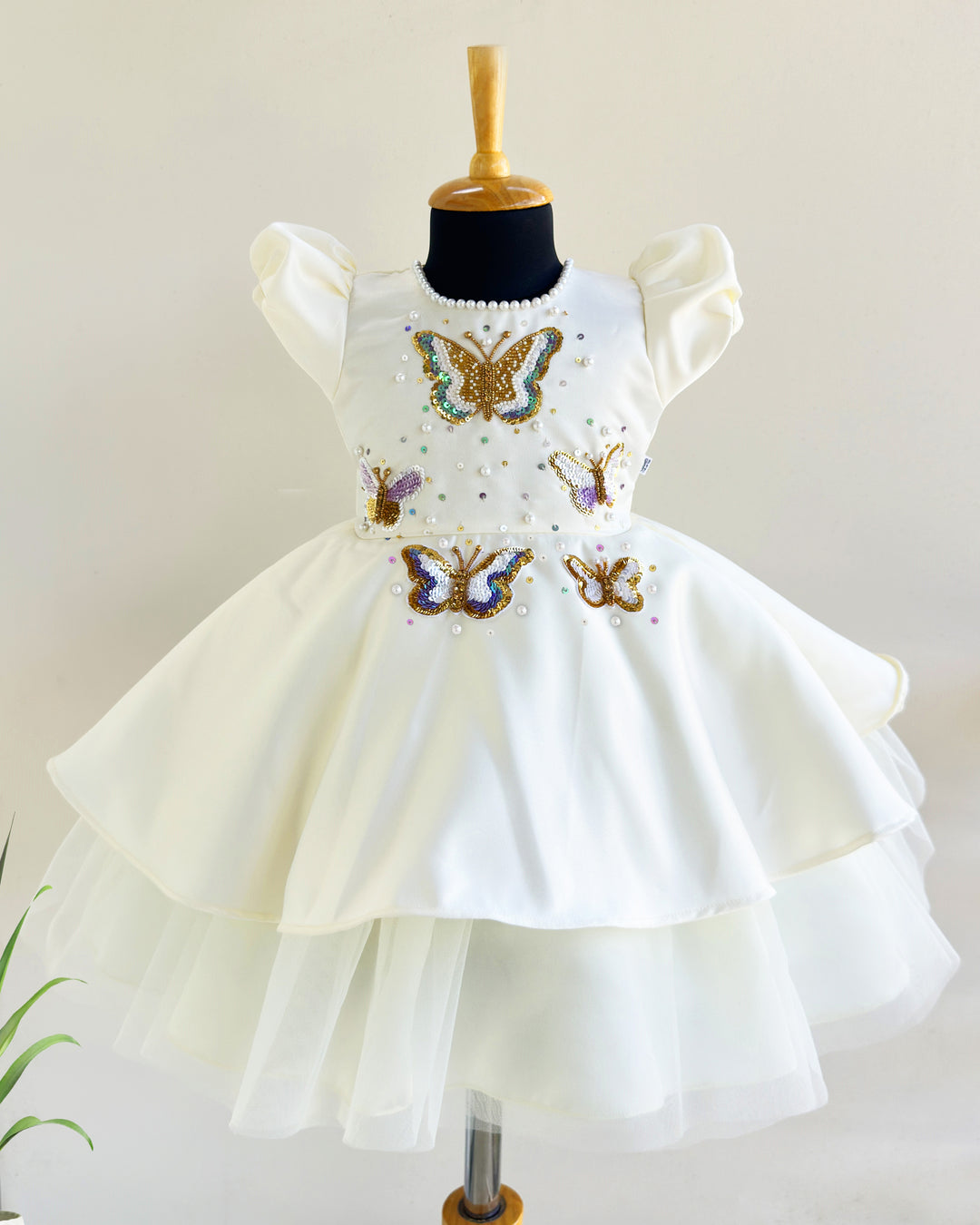 off white silky satin butterfly applique frock for baby girls, birthday dress, party wear frock, elegant kids wear