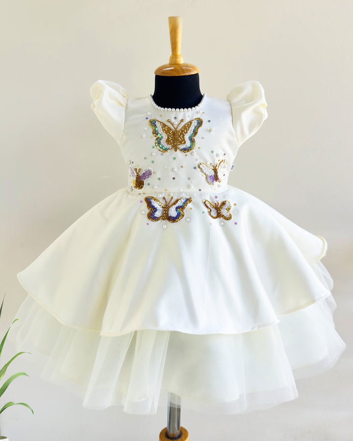 off white silky satin butterfly applique frock for baby girls, birthday dress, party wear frock, elegant kids wear