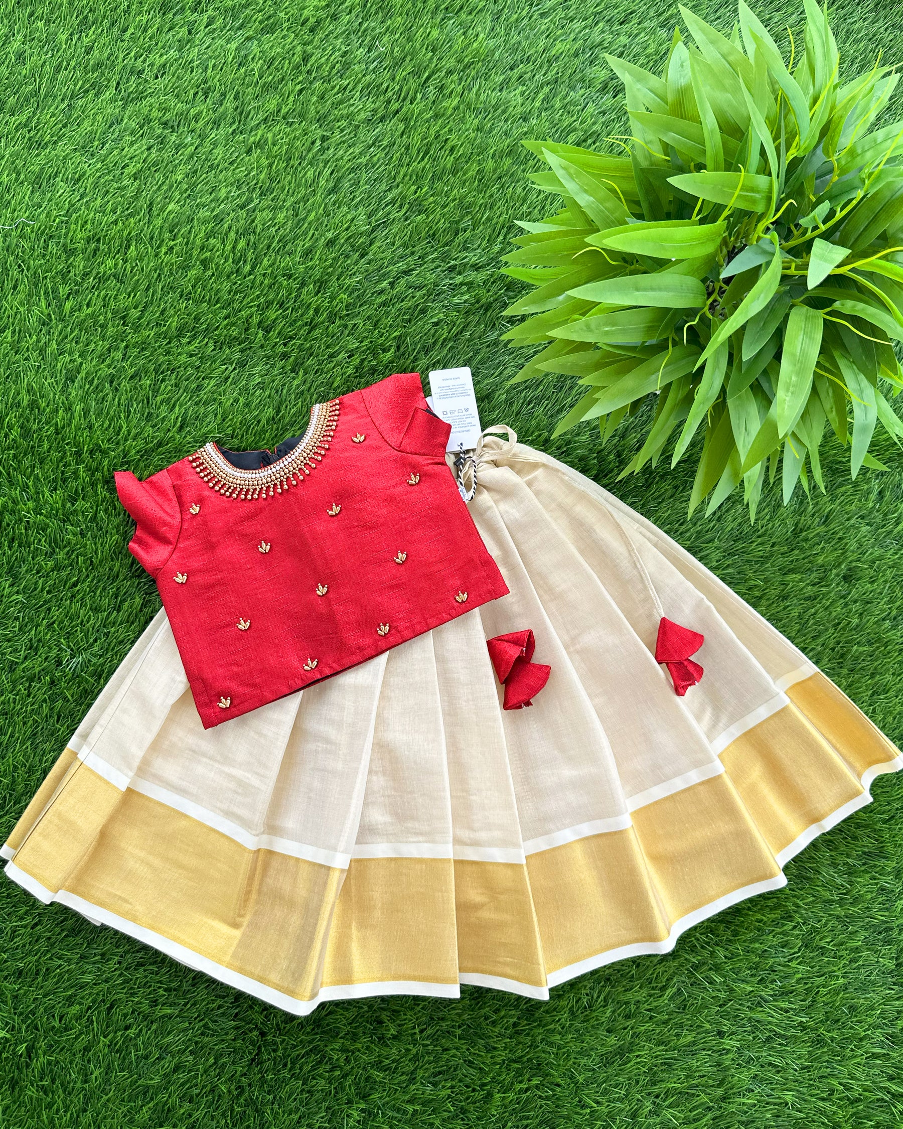 Sandal & Meroon Combo Kerala Kasavu Handwork Traditional Silk Lehenga ...