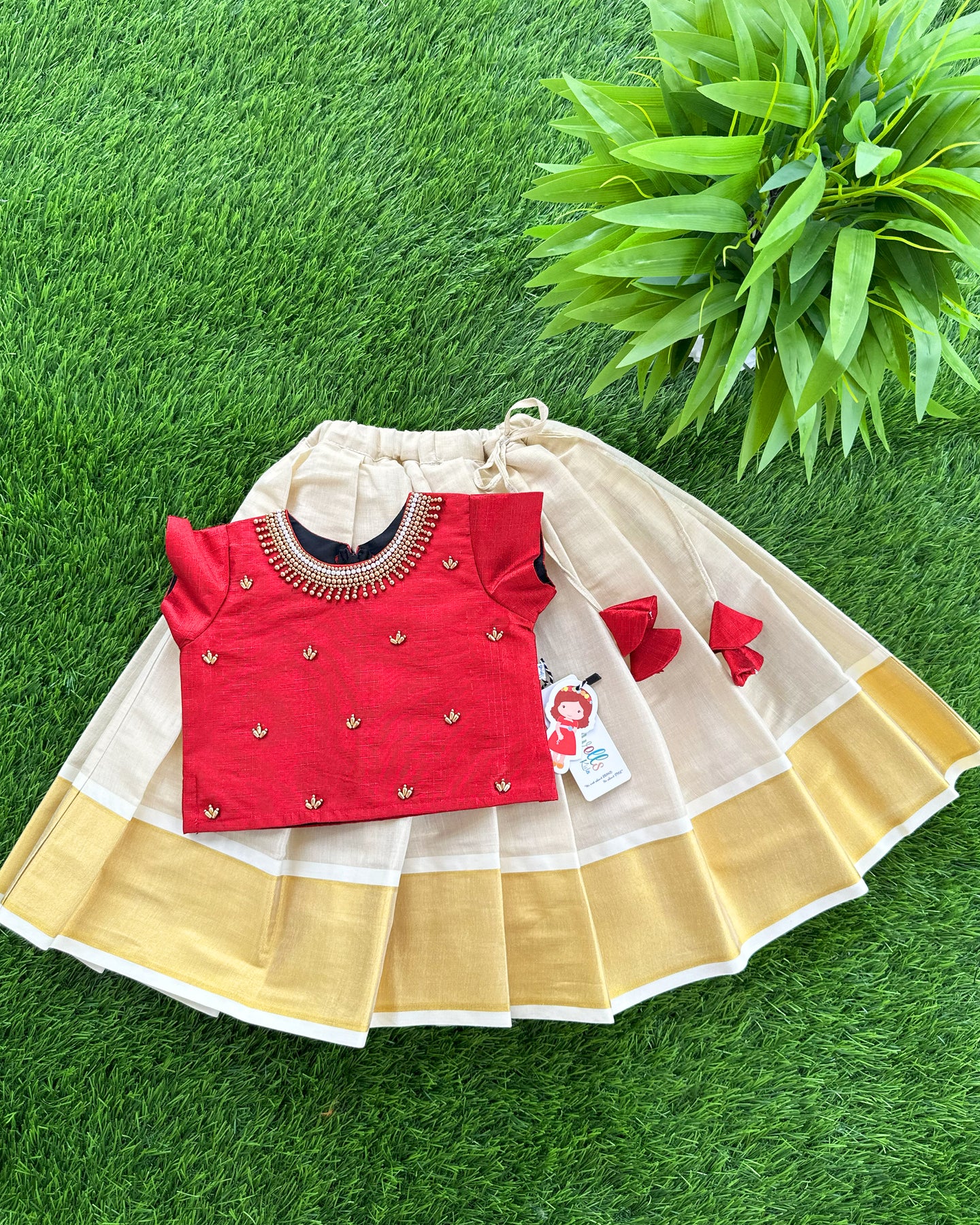 Sandal & Meroon Combo Kerala Kasavu Handwork Traditional Silk Lehenga ...