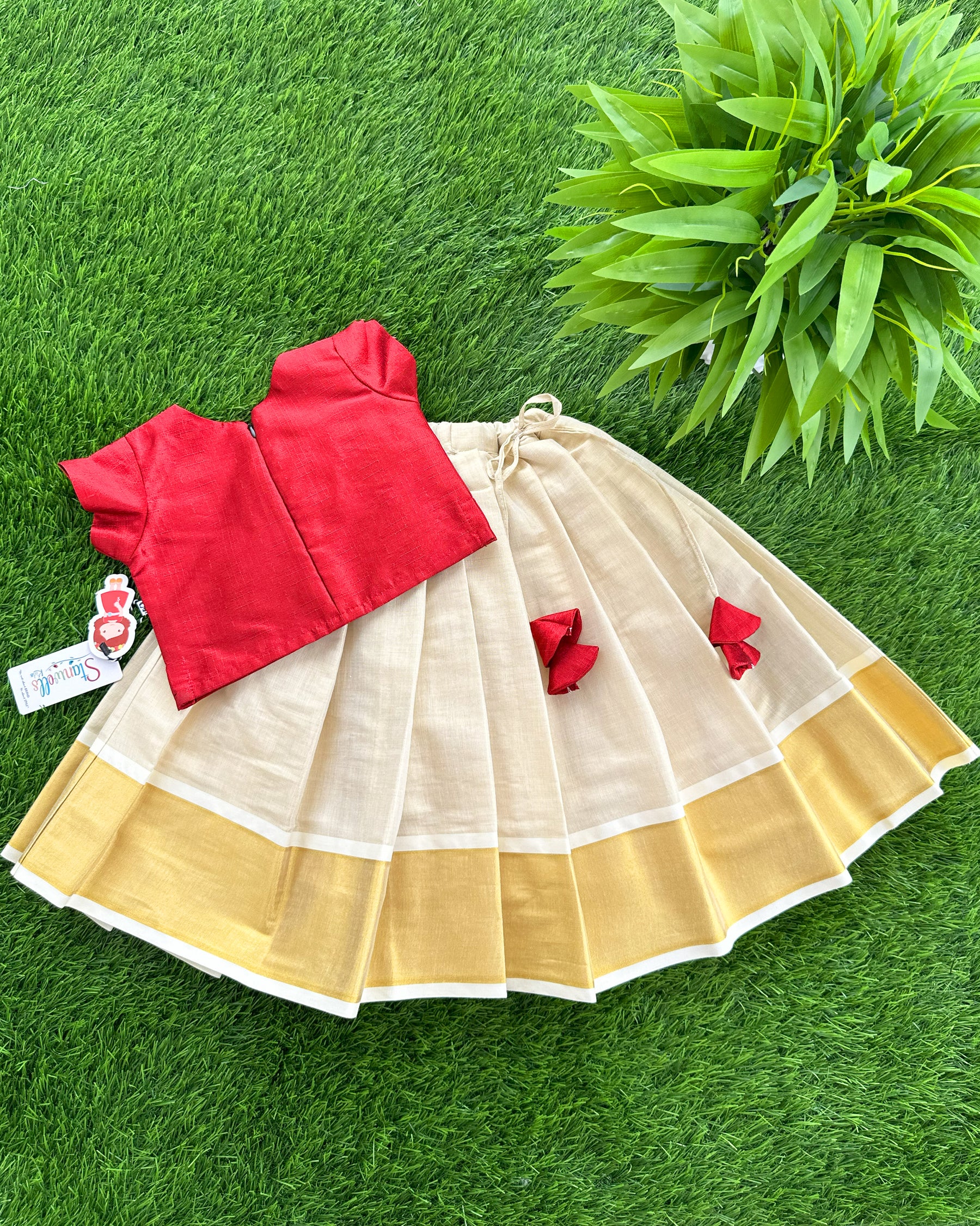 Sandal & Meroon Combo Kerala Kasavu Handwork Traditional Silk Lehenga ...