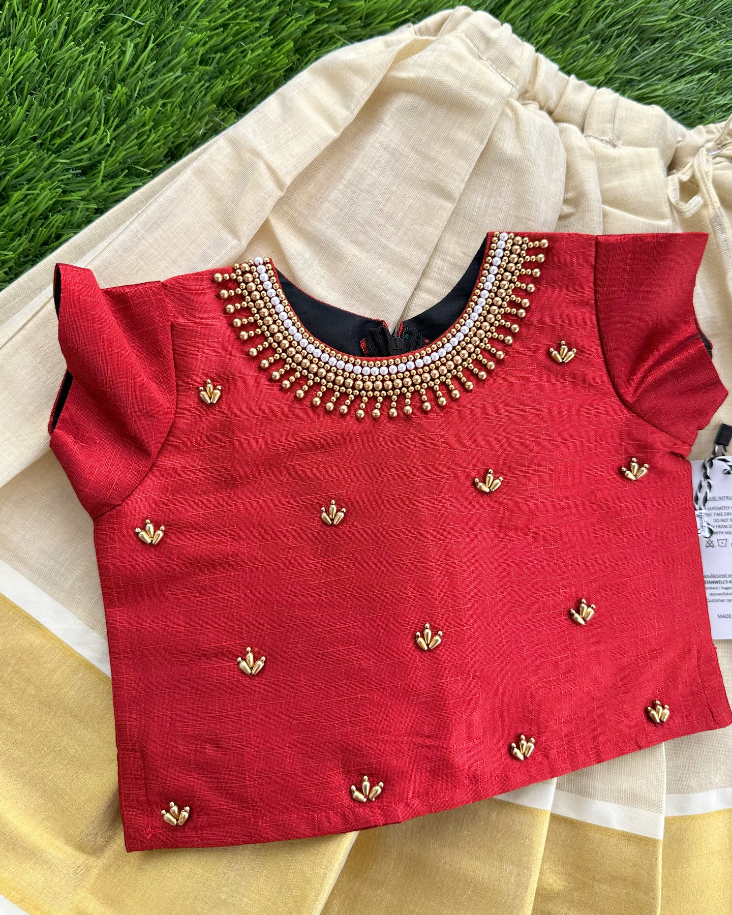 Sandal & Meroon Combo Kerala Kasavu Handwork Traditional Silk Lehenga ...