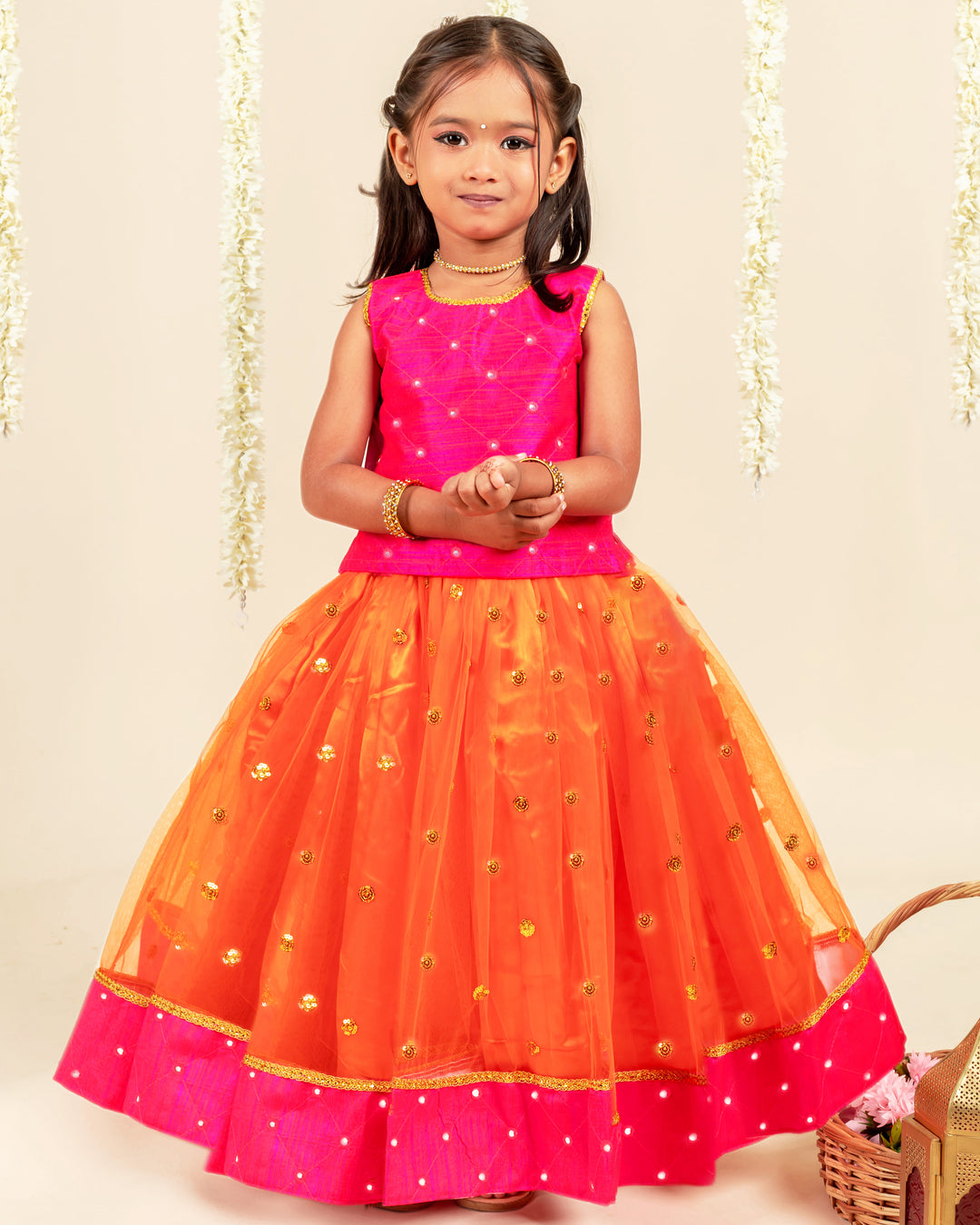Orange and magenta South Indian dress for baby girls, traditional birthday dress, ethnic frock, kids festive wear, Stanwells Kids ethnic collection