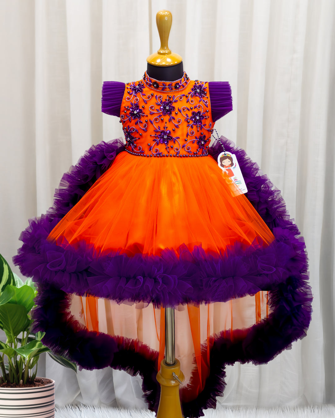 Orange purple halter neck baby girls birthday dress with detachable tail, partywear frock for toddler girl, first birthday outfit