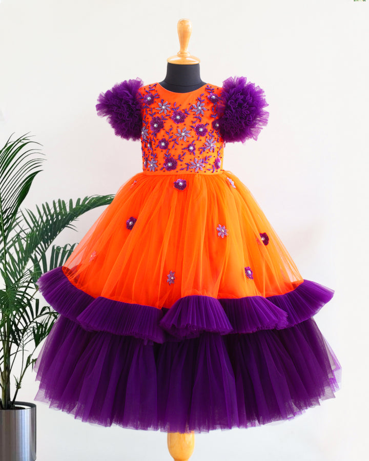 Orange and purple handworked gown for baby girls, ruffle partywear, designer birthday dress, Stanwells Kids