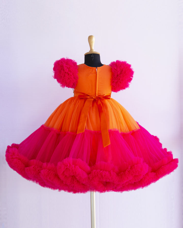 Orange & Rany Pink Combo Heavy Handwork Partywear Flared Ruffles Full 