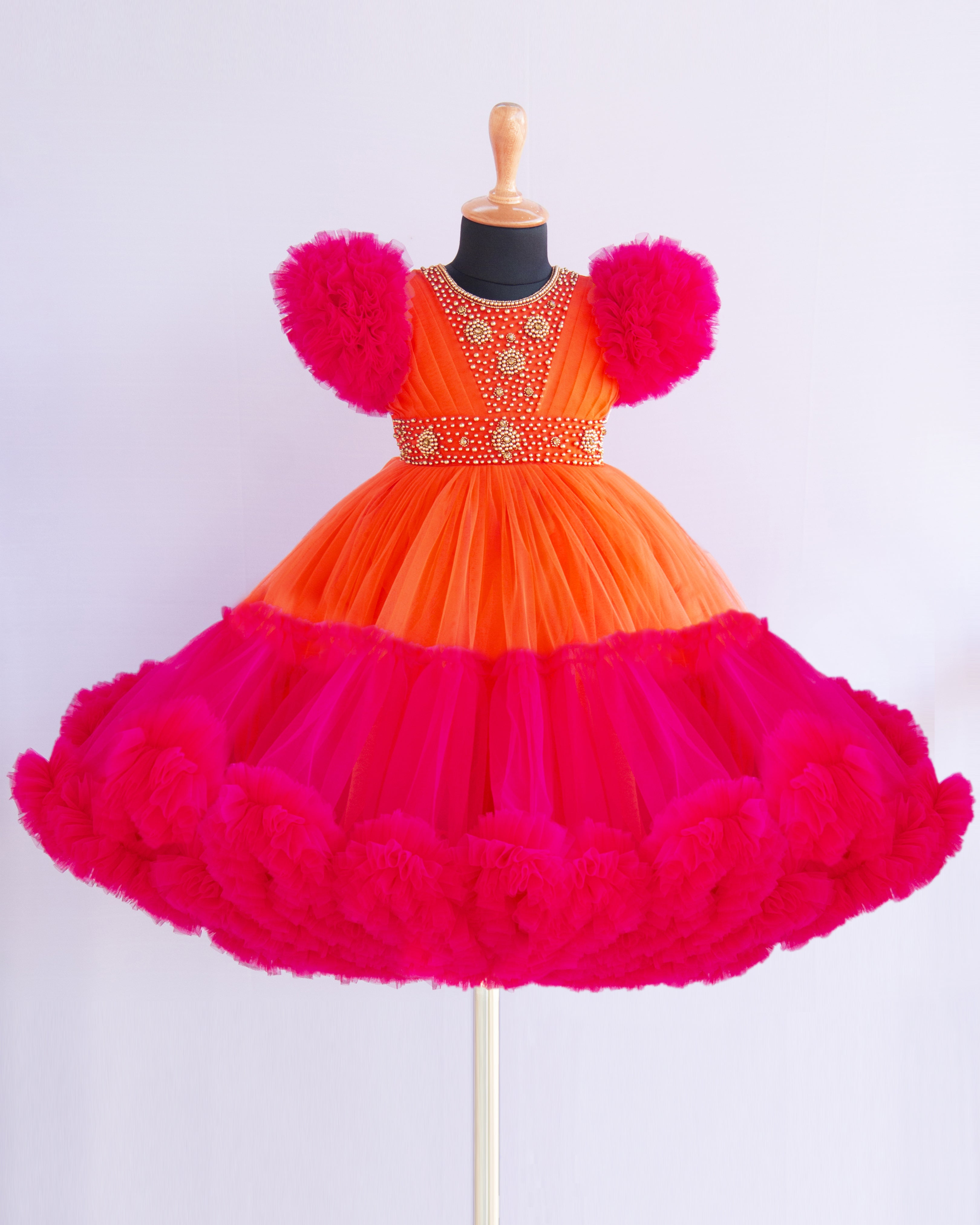 Orange & Rany Pink Combo Heavy Handwork Partywear Flared Ruffles Full 